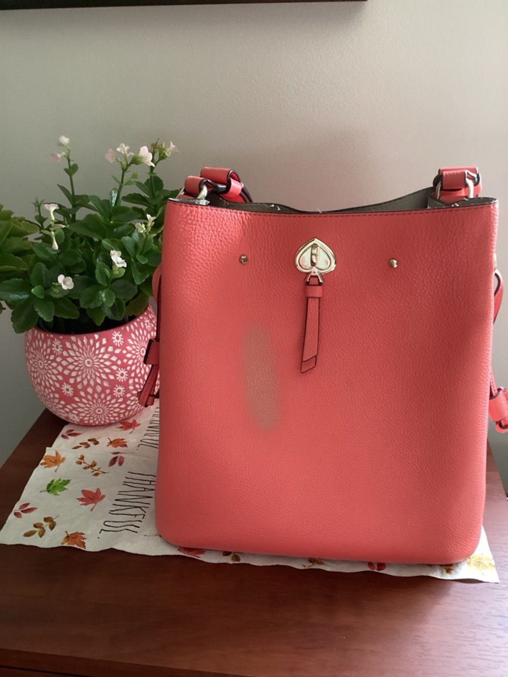 KATE SPADE Women's Coral Leather Tote Bag with Gold Accent